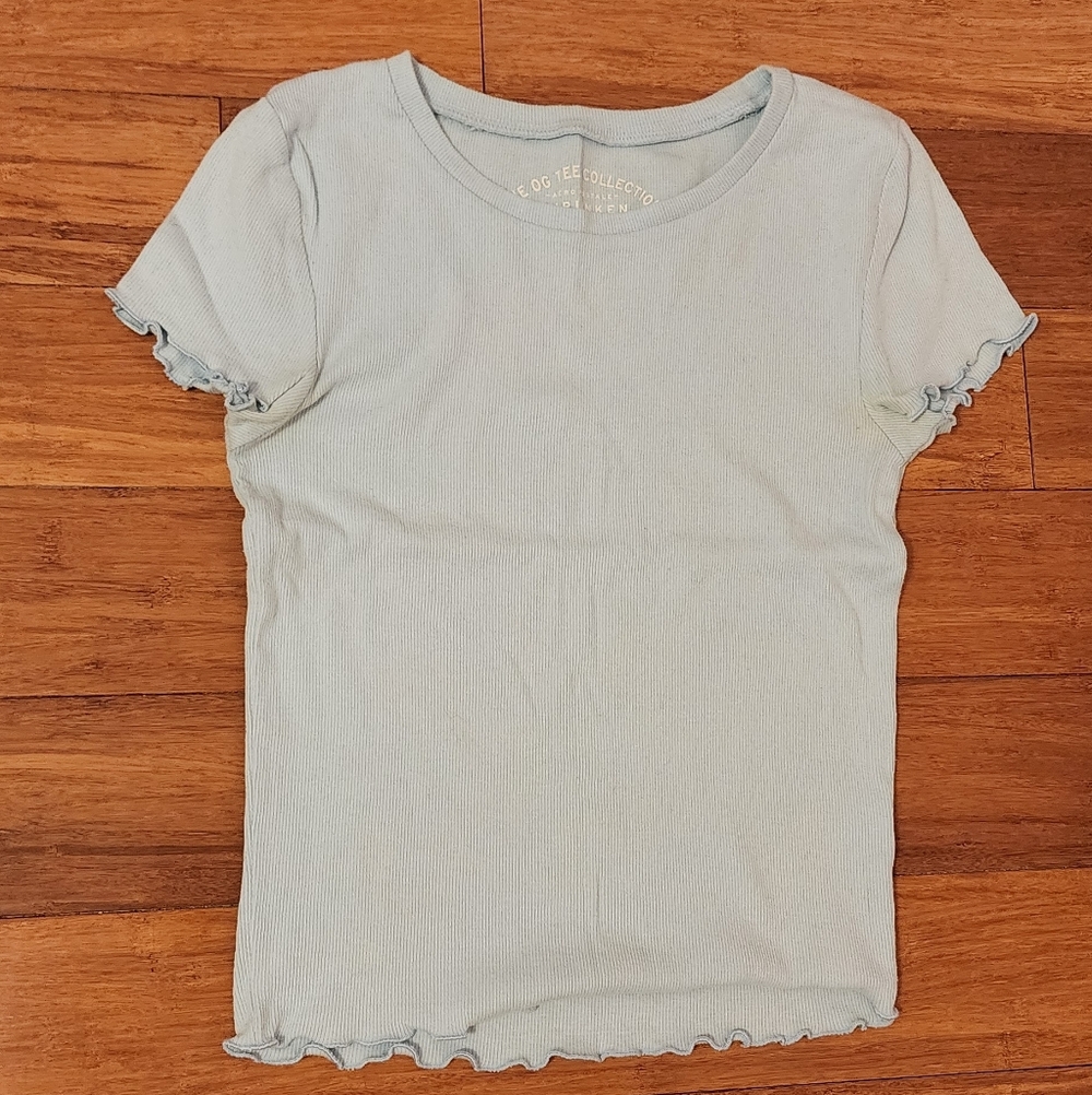 Aeropostale Light Blue Ribbed Lettuce-Edge Short Sleeve Tee